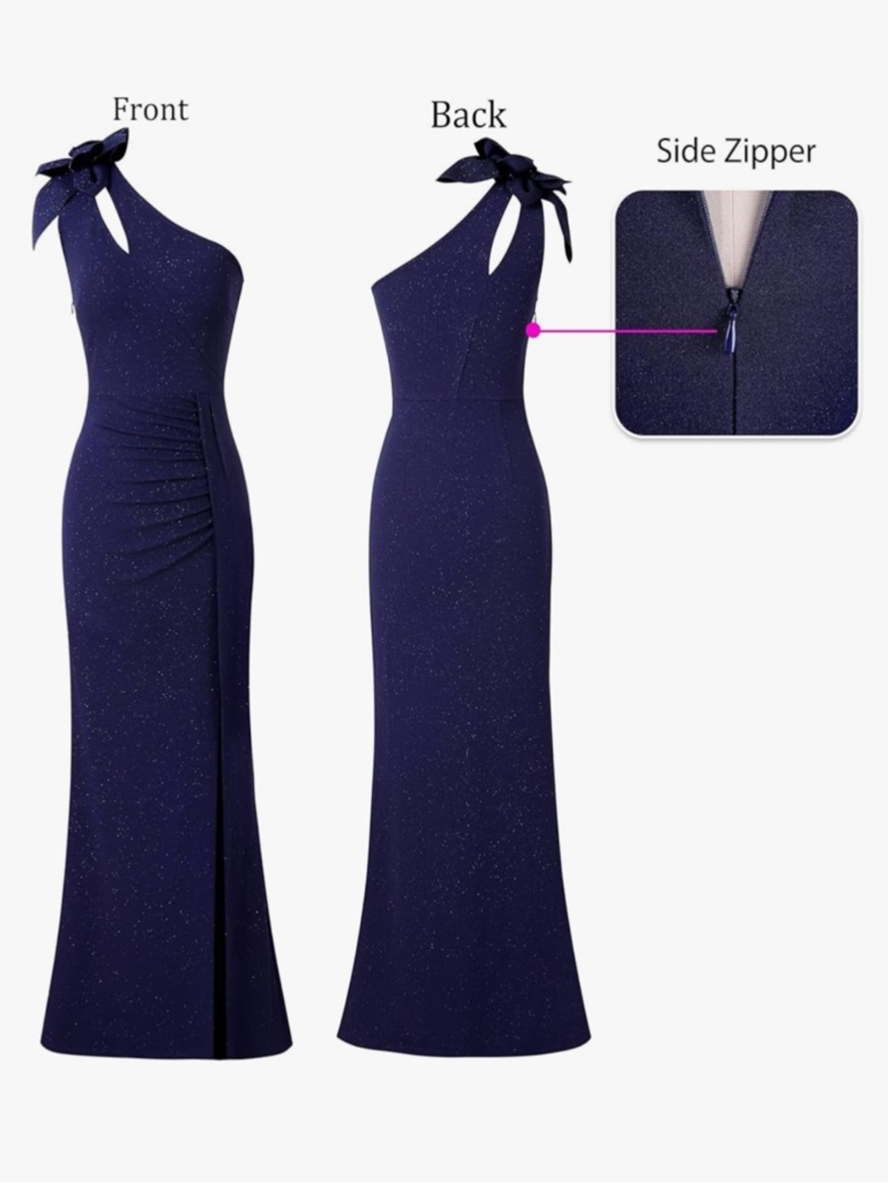 NWT Women's One Shoulder Ruched Maxi Dress Navy Blue Glitter Formal Gown Sz L - Picture 2 of 7